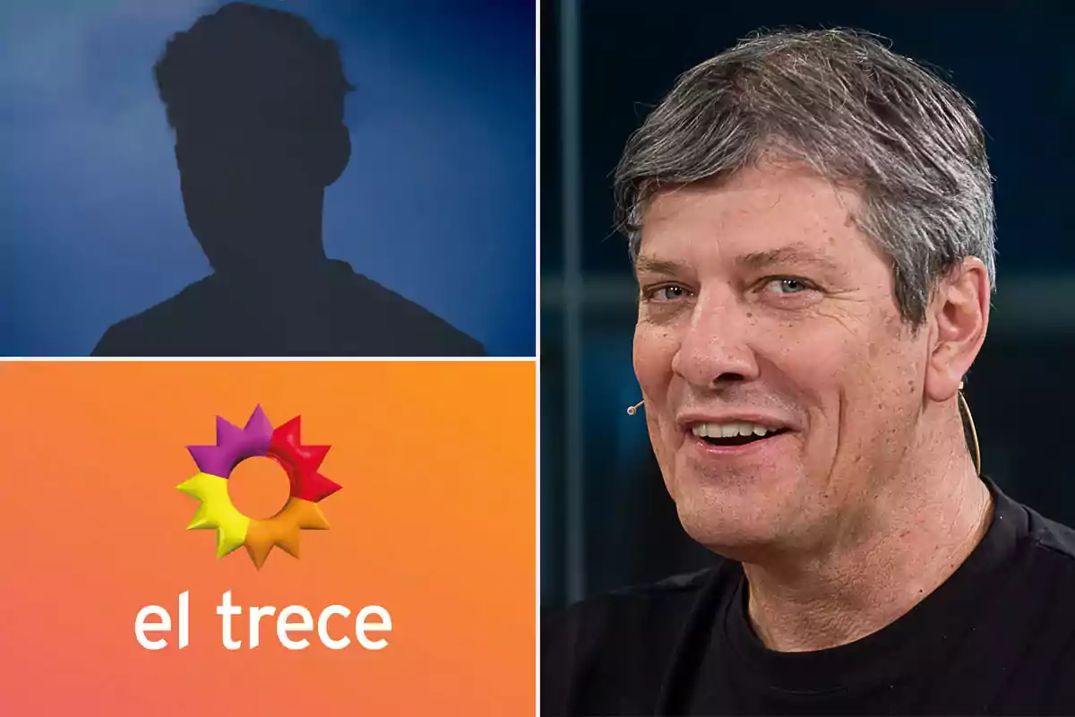 An image divided into three parts: the first shows the silhouette of a person against a blue background, the second features the "el trece" logo with an orange background, and the third shows a man smiling with a microphone in his ear.