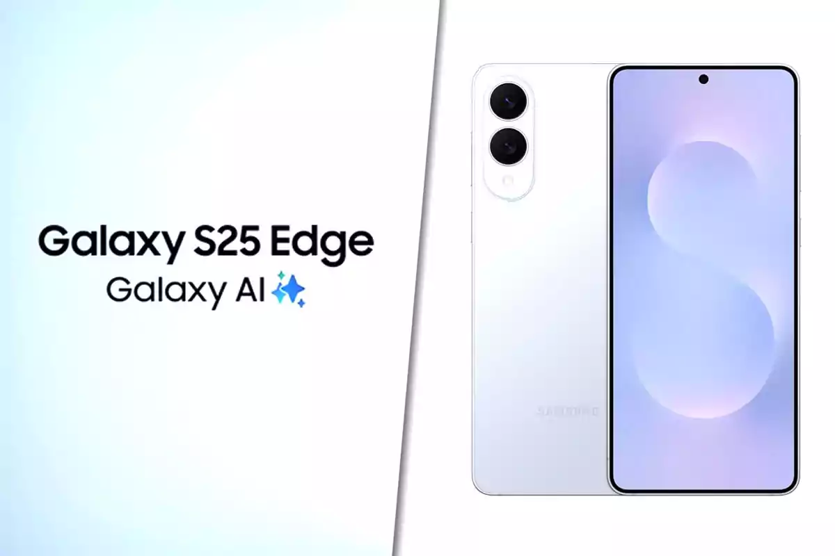 Image of a Samsung Galaxy S25 Edge smartphone with a modern design and large screen, accompanied by the text "Galaxy AI".