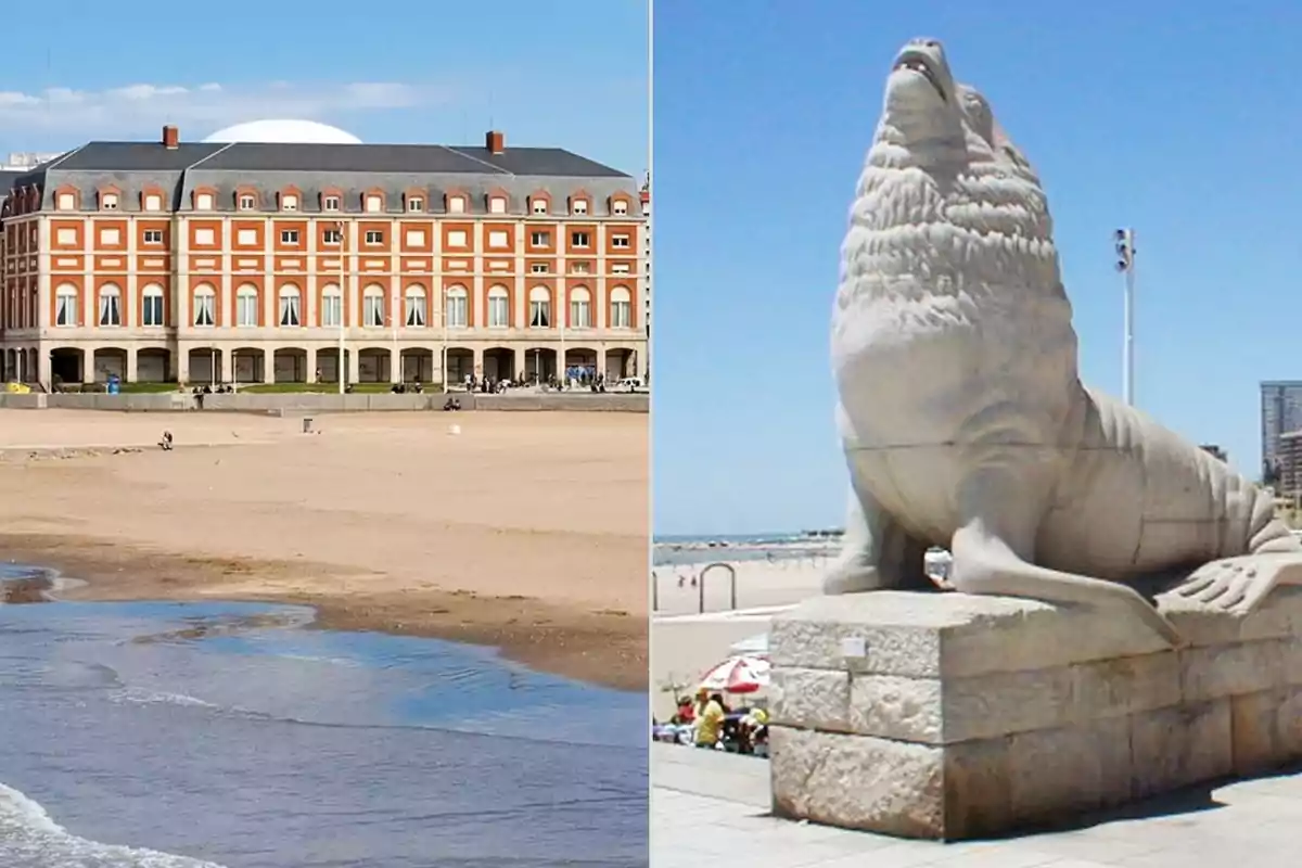 Edificio histórico de Mar del Plata frente a la playa junto a una estatua de lobo marino en un día soleado.