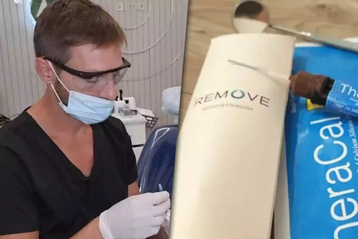 Un profesional de la salud con mascarilla y gafas protectoras realiza un procedimiento mientras sostiene un instrumento, junto a una imagen de productos médicos que incluyen un folleto de "REMOVE" y un tubo de pasta dental.