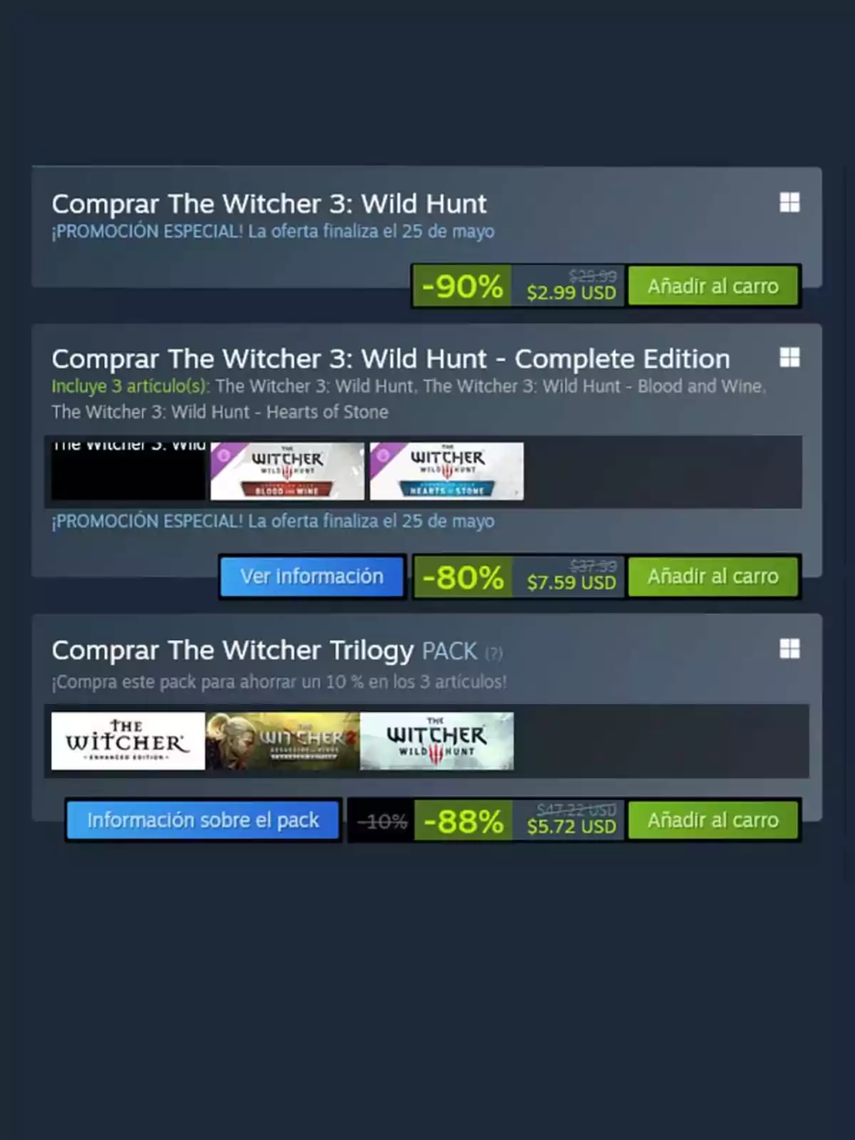 Ofertas de descuento en juegos de The Witcher 3 y The Witcher Trilogy en una plataforma de venta digital. Ofertas de descuento en juegos de The Witcher 3 y The Witcher Trilogy en una plataforma de venta digital.