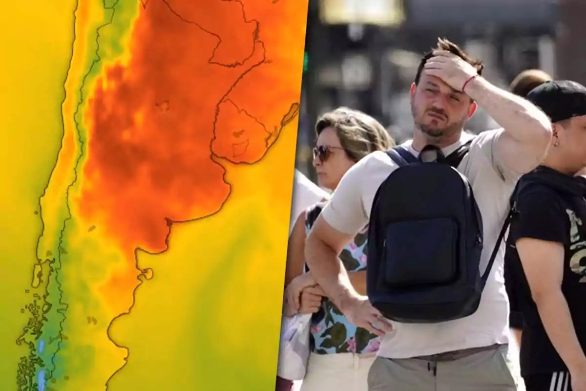 Mapa de calor mostrando altas temperaturas en una región junto a personas en la calle que parecen estar sintiendo el calor.