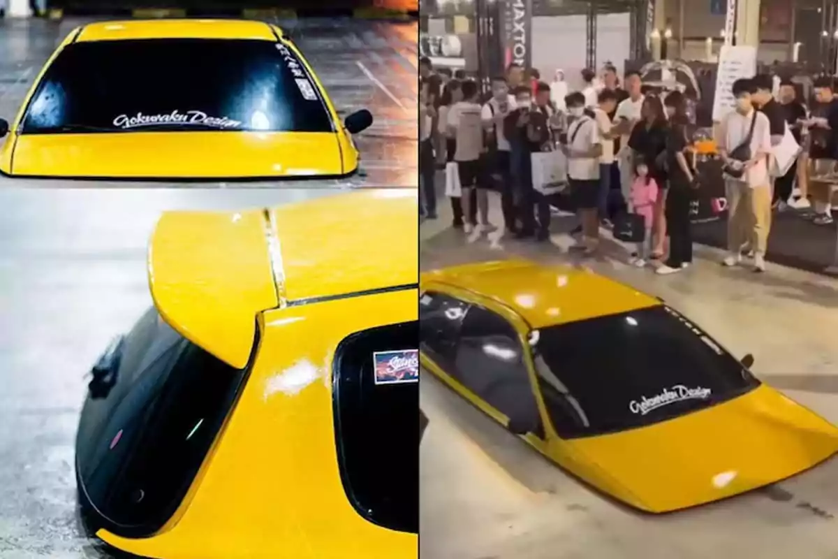 An extremely low yellow car that looks almost stuck to the ground, surrounded by people at an exhibition. An extremely low yellow car that looks almost stuck to the ground, surrounded by people at an exhibition.