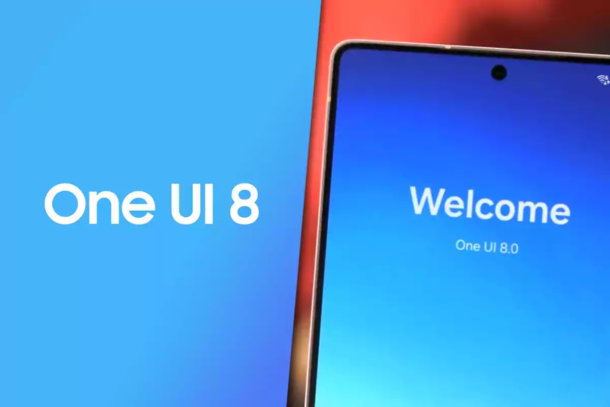 One UI 8 welcome screen on a smartphone with a blue background and large text on the left