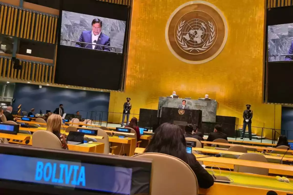 A person is speaking at a podium in a conference room with the United Nations emblem in the background and several people seated at desks with screens displaying the name of Bolivia.