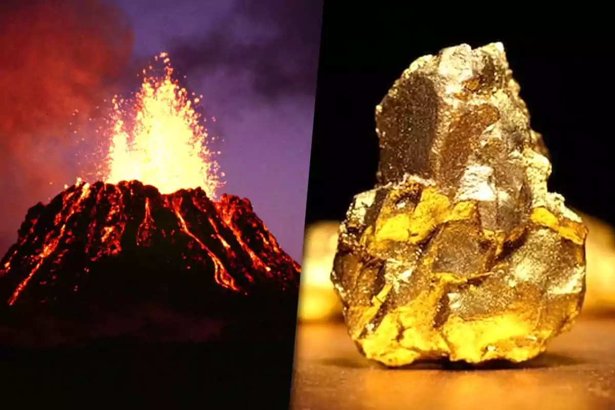 A volcano erupting next to a rock of gold.