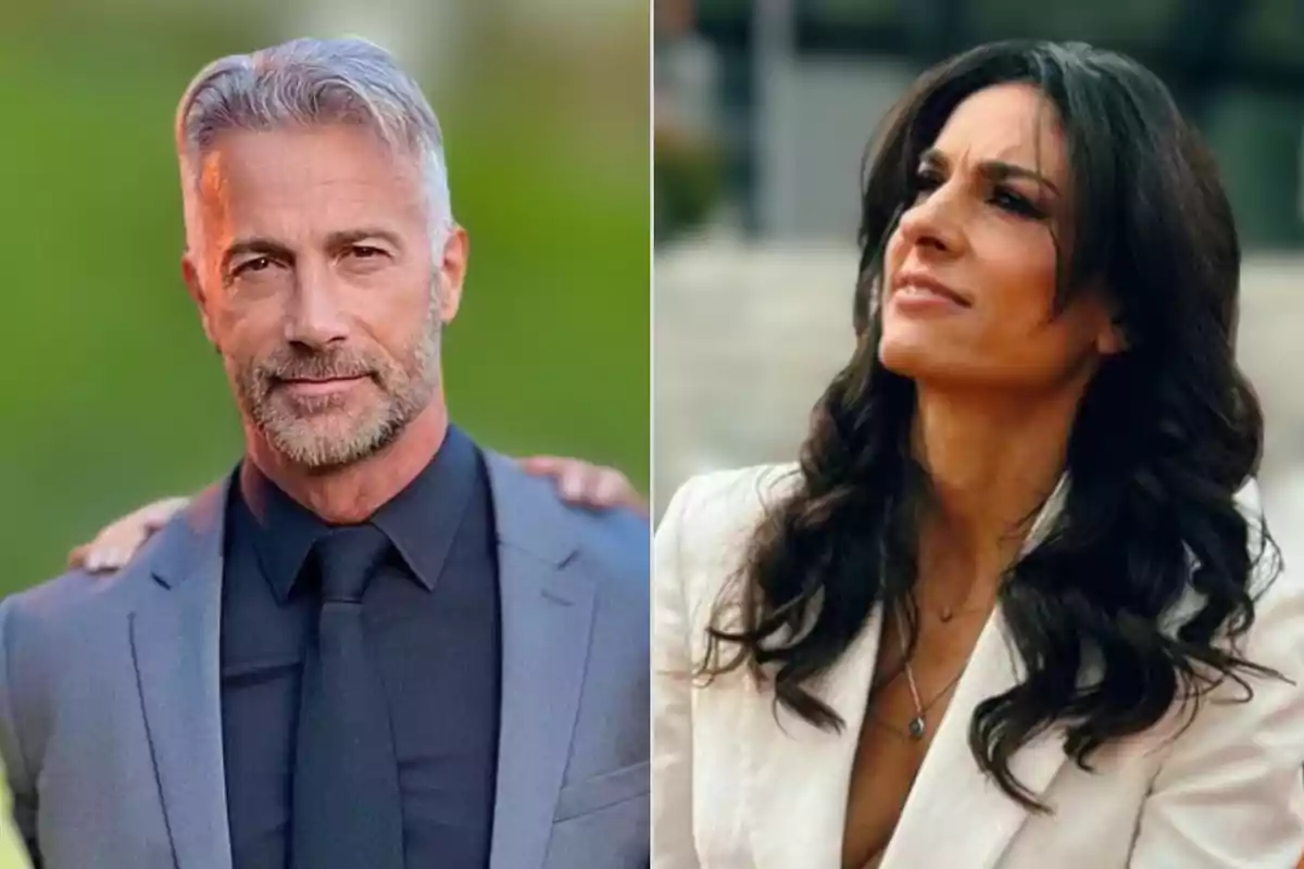 Dos personas posando en un entorno al aire libre, un hombre con traje gris y una mujer con cabello oscuro y suelto.