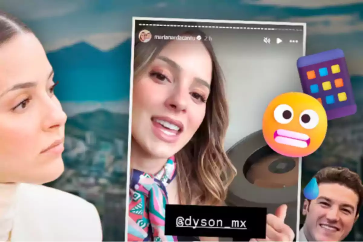 A woman looks at an Instagram story image where another woman is smiling next to a Dyson product, joined by colorful emojis.