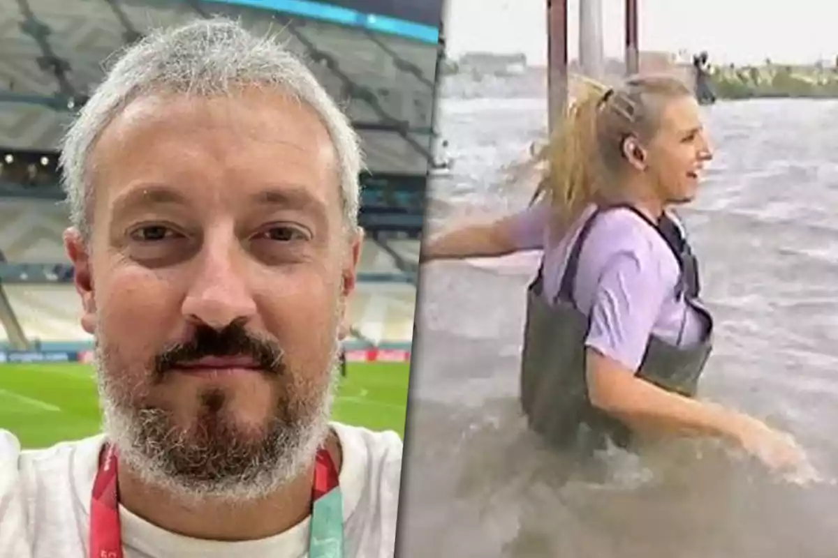 Dos imágenes lado a lado, a la izquierda un hombre con barba en un estadio y a la derecha una mujer con camiseta morada y pantalones impermeables en el agua.