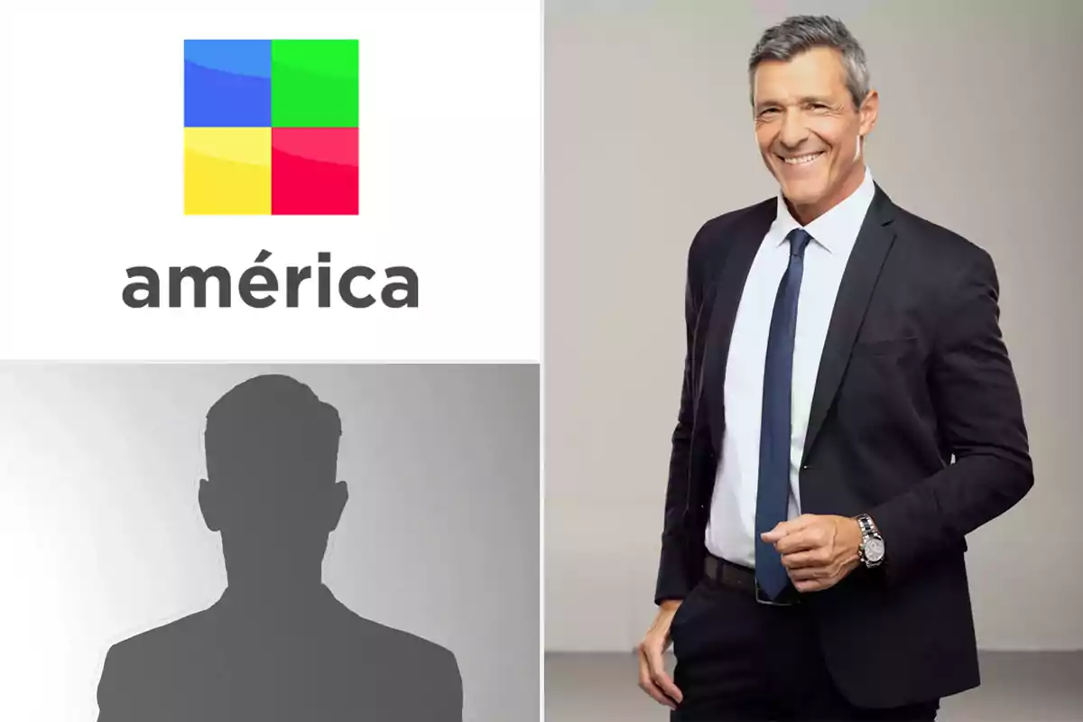 Logotipo de América TV junto a la imagen de un hombre de traje sonriendo.