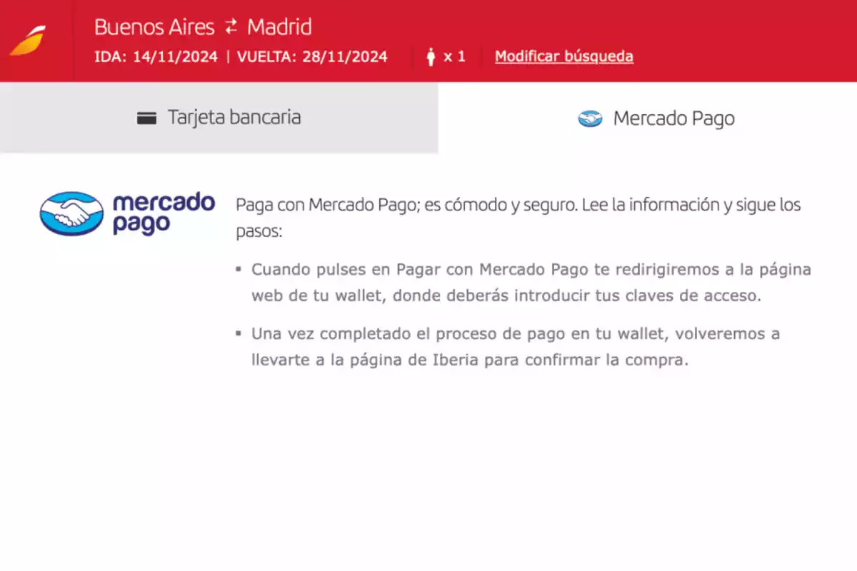 Pantalla de pago de un vuelo de Buenos Aires a Madrid con opción de pago a través de Mercado Pago, mostrando instrucciones para completar el proceso de pago.