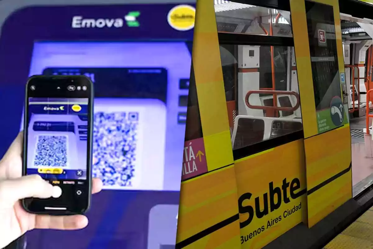 Una persona escanea un código QR en una pantalla de Emova mientras un tren del Subte de Buenos Aires está detenido en la estación.