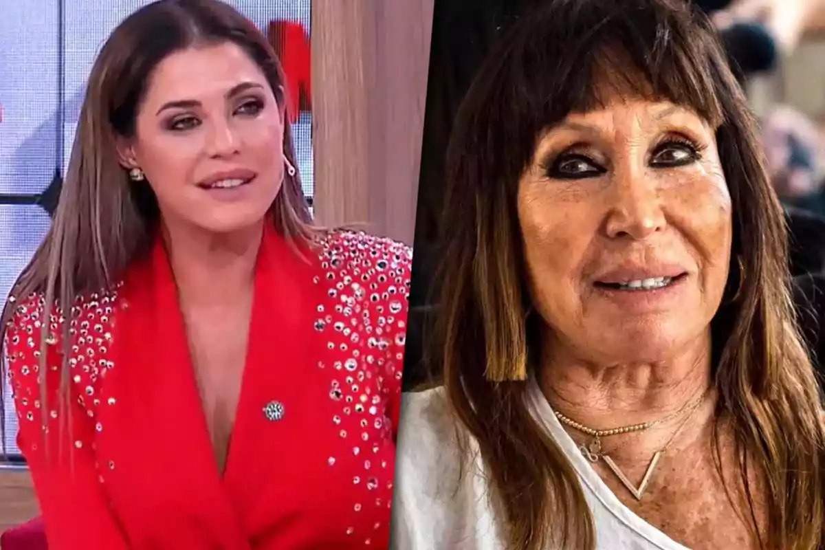 Dos mujeres posan en una imagen dividida; la mujer a la izquierda lleva un traje rojo con detalles brillantes, mientras que la mujer a la derecha viste una camiseta blanca y tiene el cabello suelto.