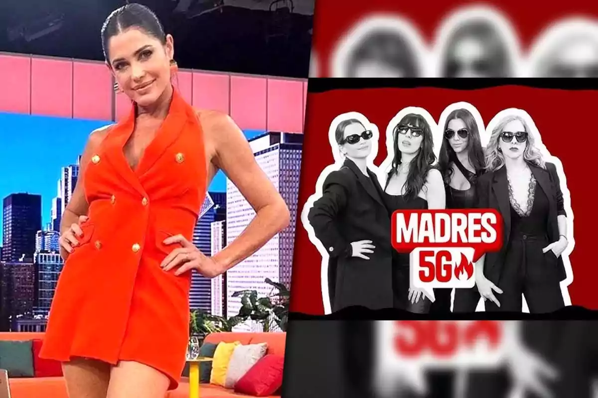 Pamela David con un vestido naranja posando junto a un cartel promocional de "Madres 5G" con cuatro mujeres en blanco y negro.