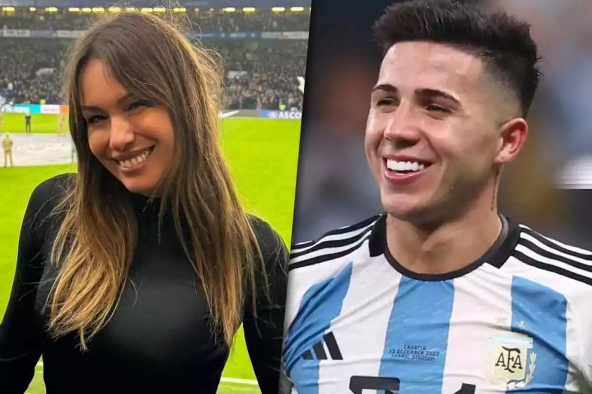 Una mujer sonriendo en un estadio y un jugador de fútbol con la camiseta de Argentina sonriendo.