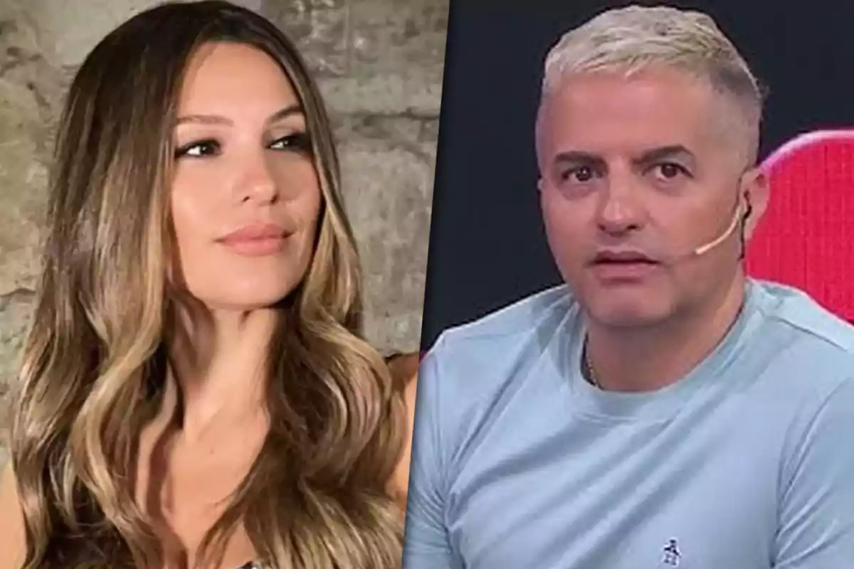 Dos personas mirando en direcciones opuestas, una mujer con cabello largo y ondulado (Pampita Ardohain) y un hombre con cabello corto y rubio (Ángel De Brito), ambos en un entorno interior.