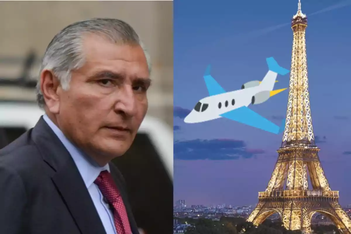 Un hombre de traje junto a una imagen de la Torre Eiffel con un avión dibujado sobre ella.