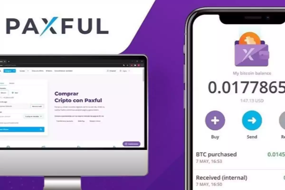 Pantalla de computadora y teléfono móvil mostrando la plataforma Paxful para comprar criptomonedas.