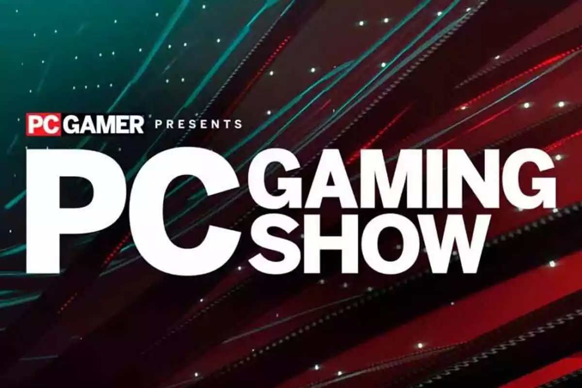 PC Gaming Show logo with a background of red and blue lines and large white text PC Gaming Show logo with a background of red and blue lines and large white text