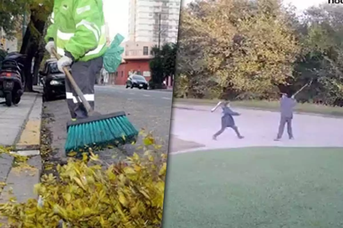 A cleaning worker sweeps leaves on the street while in another scene two people seem to be playing or fighting with sticks in a park.