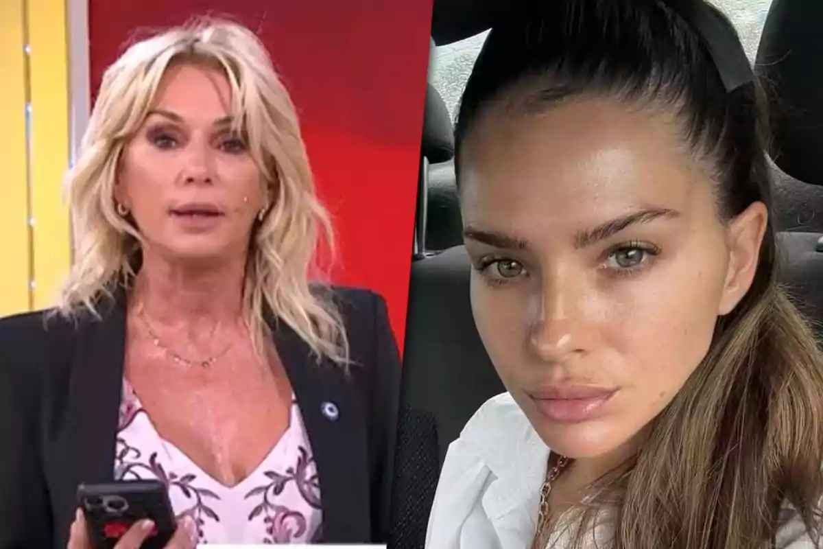 Dos mujeres aparecen en una imagen dividida, una en un estudio de televisión con fondo rojo y otra en un coche con fondo gris.