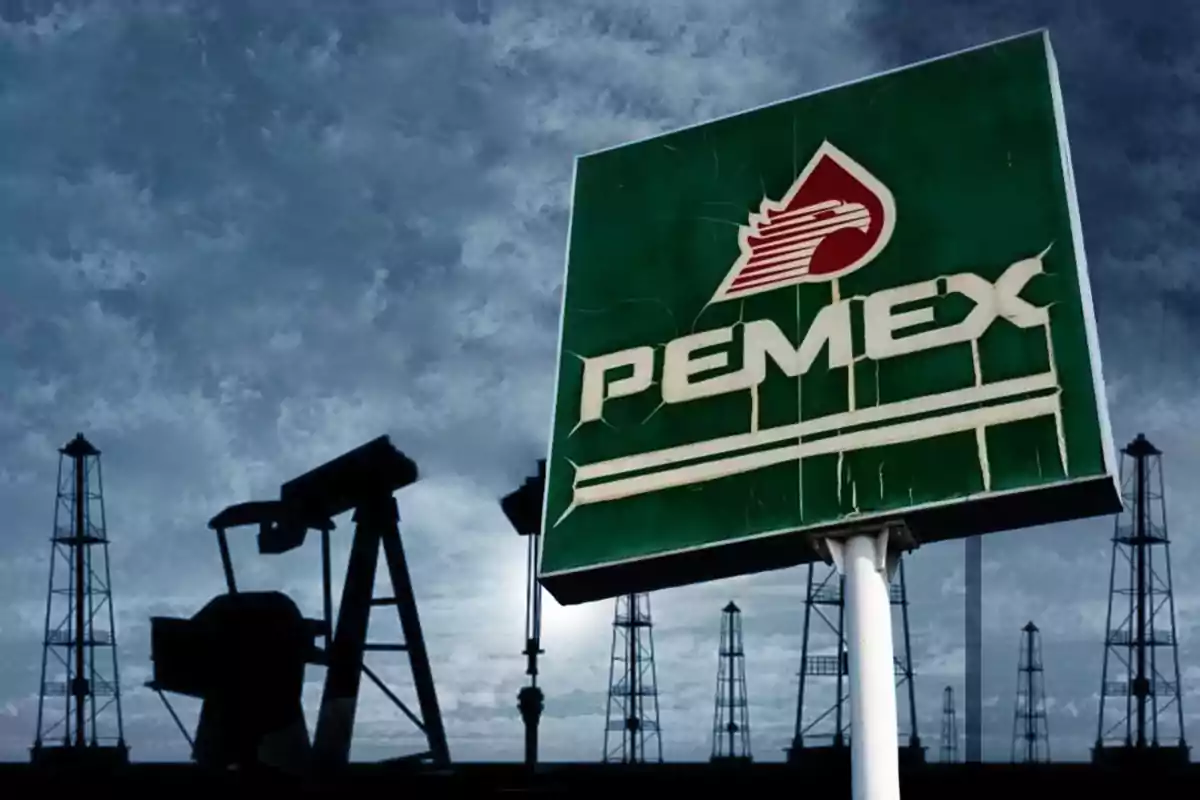 Un letrero de PEMEX en primer plano con torres de perforación de petróleo al fondo bajo un cielo nublado.