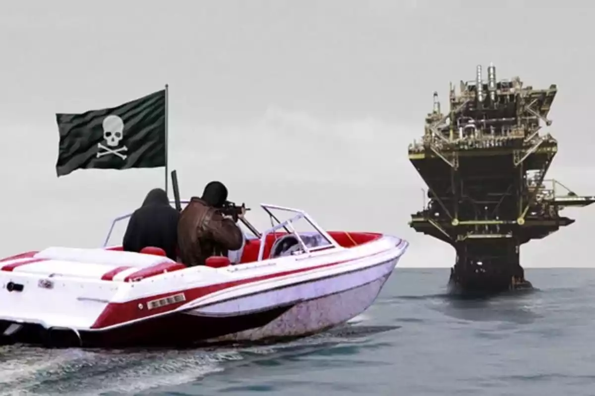 Una lancha con bandera pirata se acerca a una plataforma petrolera en el mar.