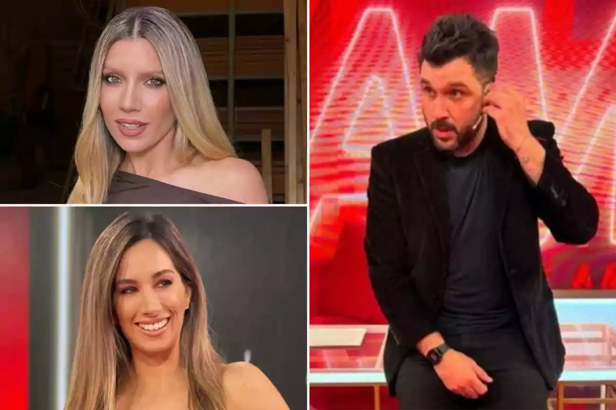 Tres personas posan en un collage de fotos; dos mujeres en la parte izquierda y un hombre en la derecha, con un fondo rojo detrás de él.