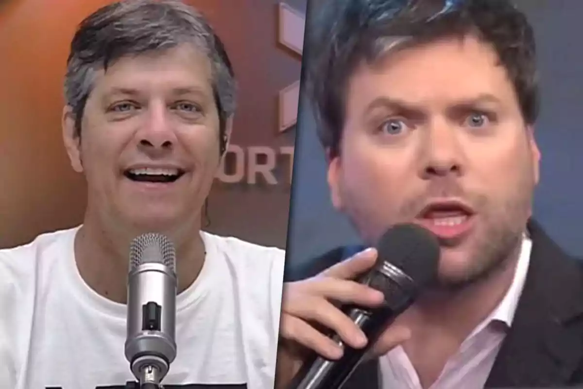 Dos hombres hablando en micrófonos en un programa de televisión.
