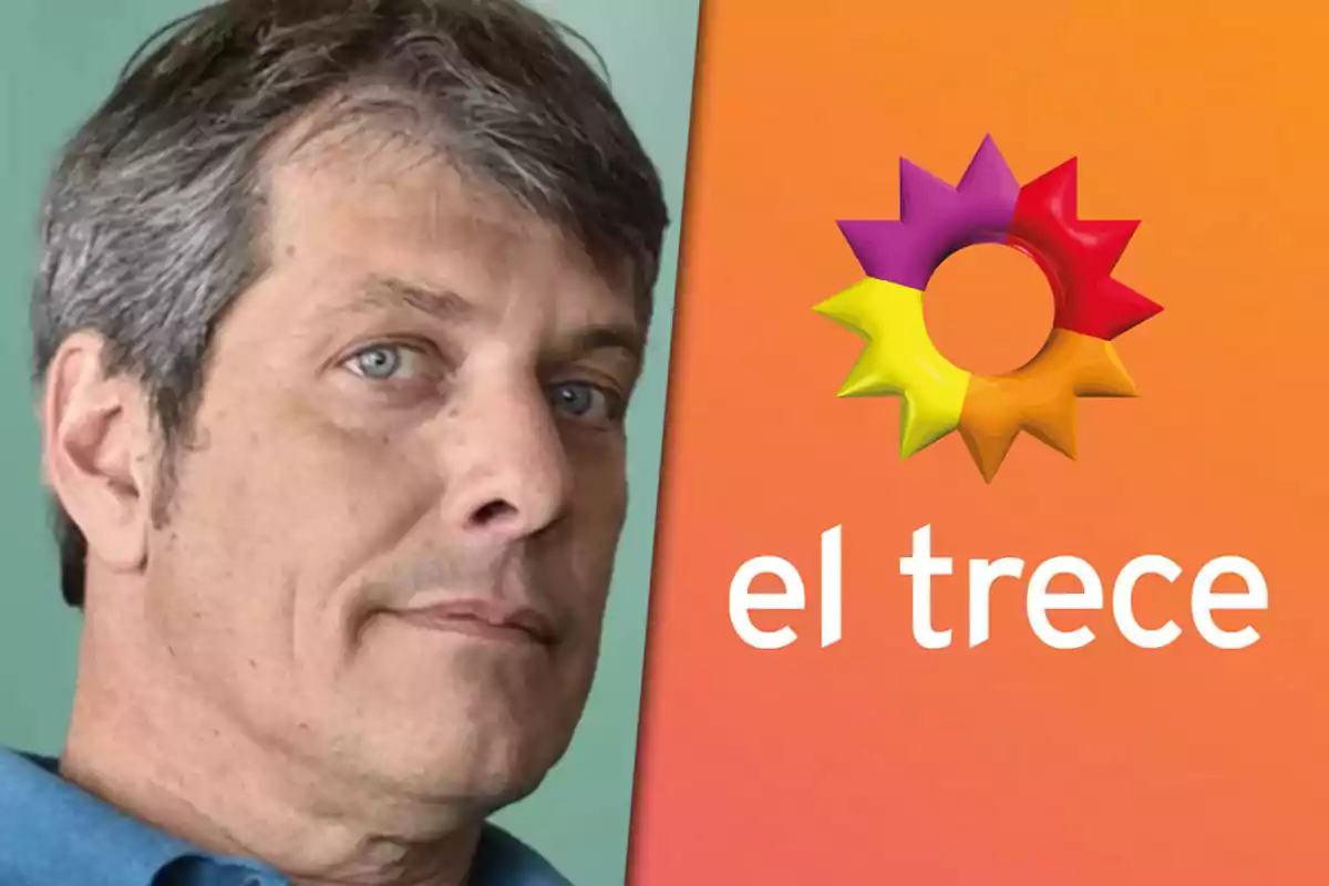 Hombre de cabello canoso y ojos claros junto al logo colorido y el nombre del canal de televisión argentino El Trece sobre fondo naranja
