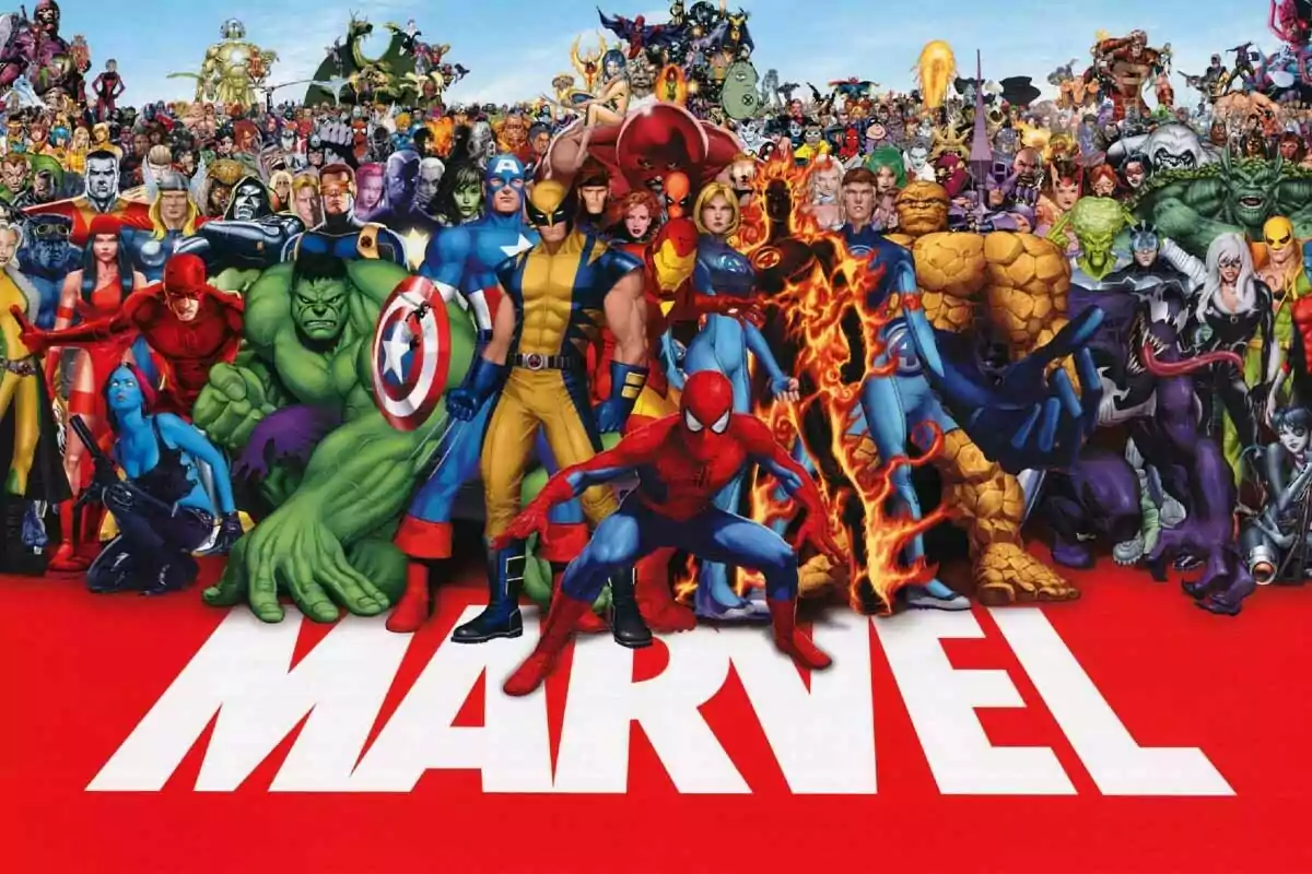 Colorful illustration of numerous superheroes and villains from the Marvel universe gathered on a red background with the large Marvel logo. Colorful illustration of numerous superheroes and villains from the Marvel universe gathered on a red background with the large Marvel logo.