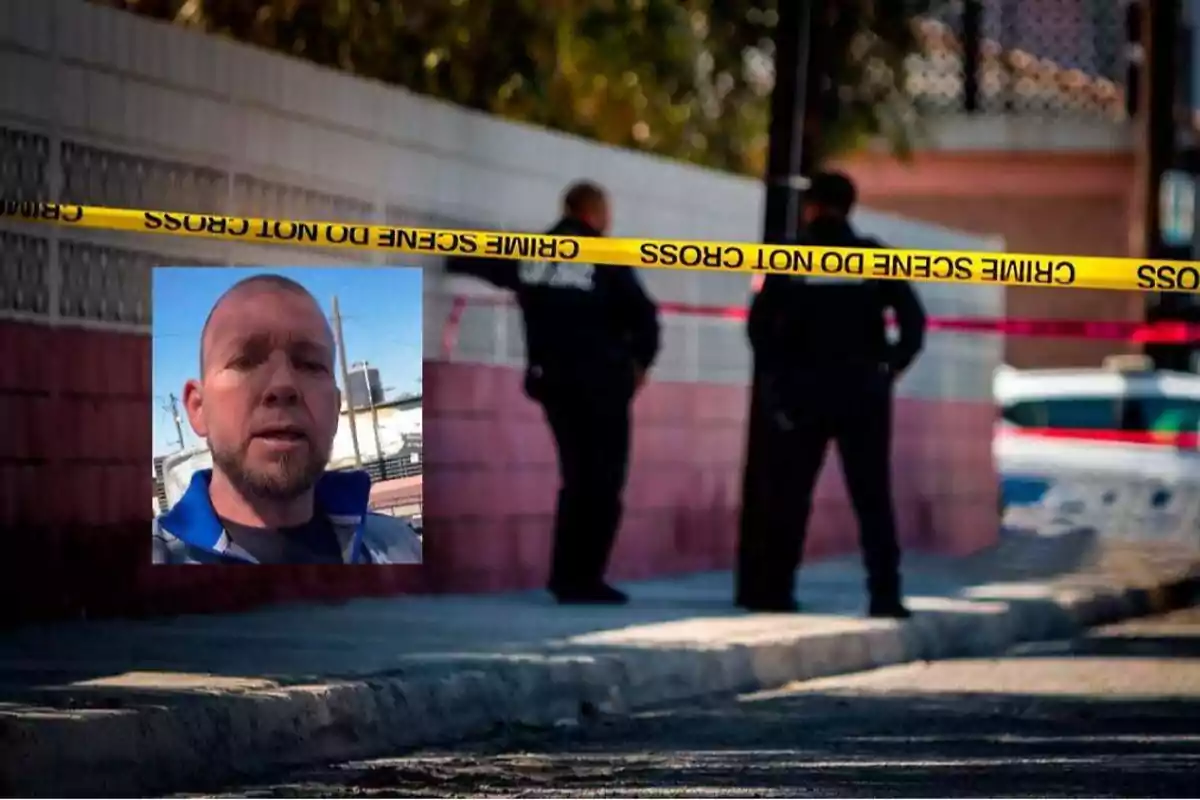 A crime scene cordoned off with yellow tape and two people standing in the background, with an inset image of a man in the foreground.