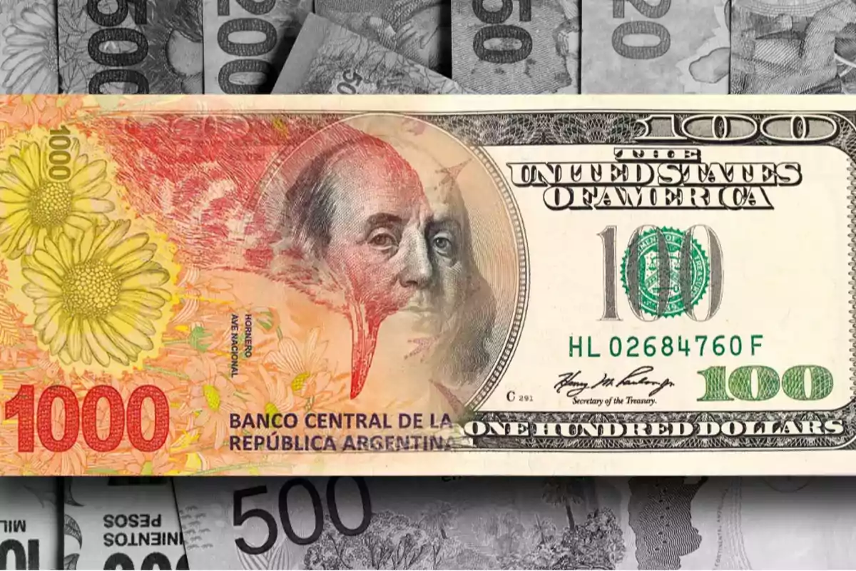 Billete híbrido que combina elementos de un billete de mil pesos argentinos y uno de cien dólares estadounidenses, con el fondo de billetes argentinos en escala de grises. Billete híbrido que combina elementos de un billete de mil pesos argentinos y uno de cien dólares estadounidenses, con el fondo de billetes argentinos en escala de grises.