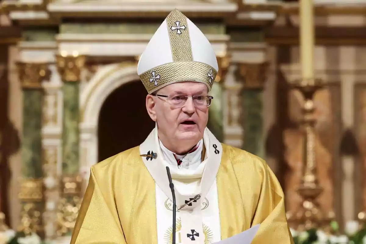 A cleric in golden ceremonial attire and a white mitre decorated with crosses, speaking in a religious setting. A cleric in golden ceremonial attire and a white mitre decorated with crosses, speaking in a religious setting.