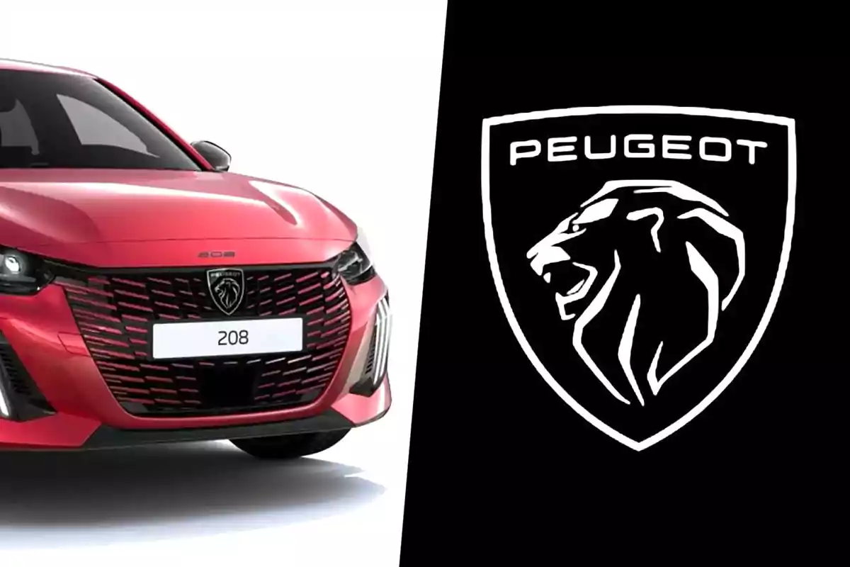 Auto Peugeot 208 rojo junto al logotipo moderno de Peugeot con un león estilizado en fondo negro