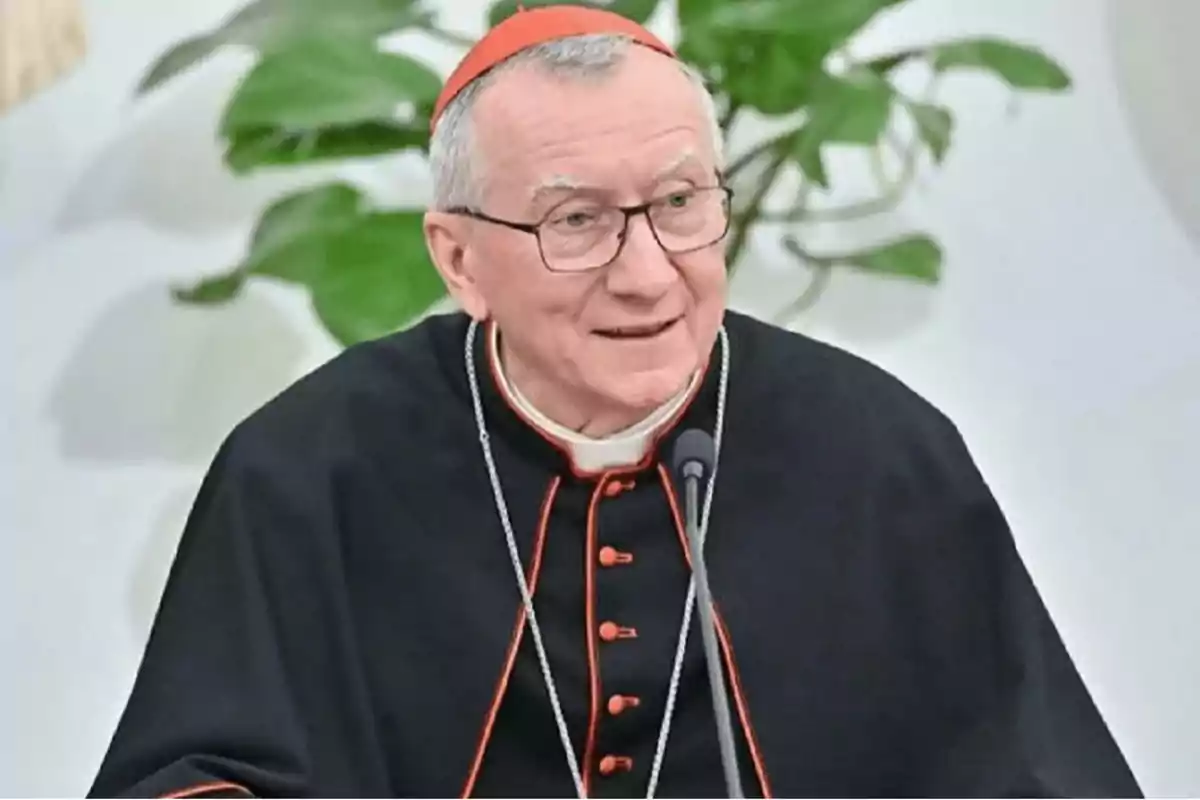 A cardinal with glasses and black ecclesiastical attire with red details speaks in front of a microphone with a plant in the background. A cardinal with glasses and black ecclesiastical attire with red details speaks in front of a microphone with a plant in the background.
