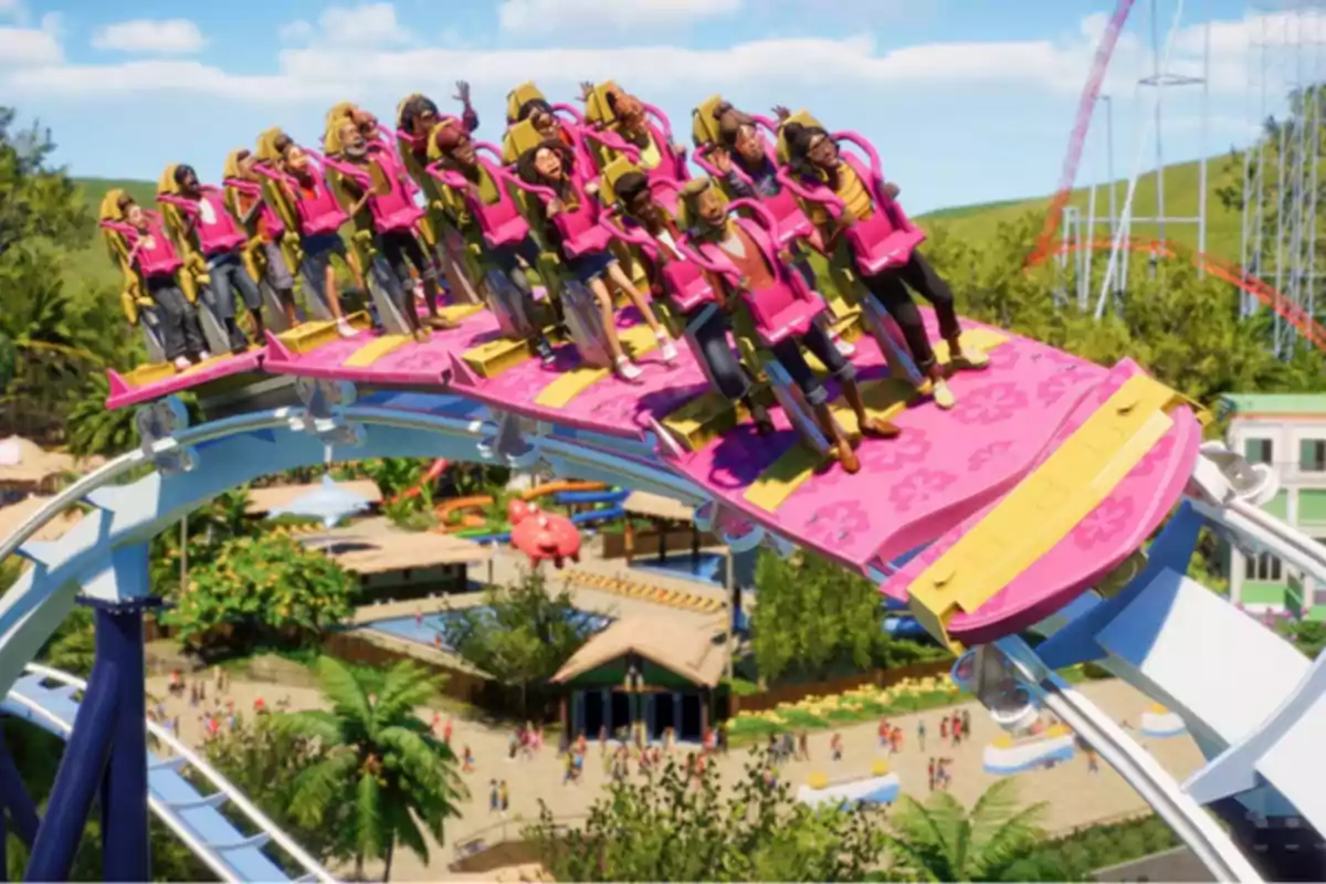 Personas disfrutando de una montaña rusa con asientos rosas en un parque de diversiones.