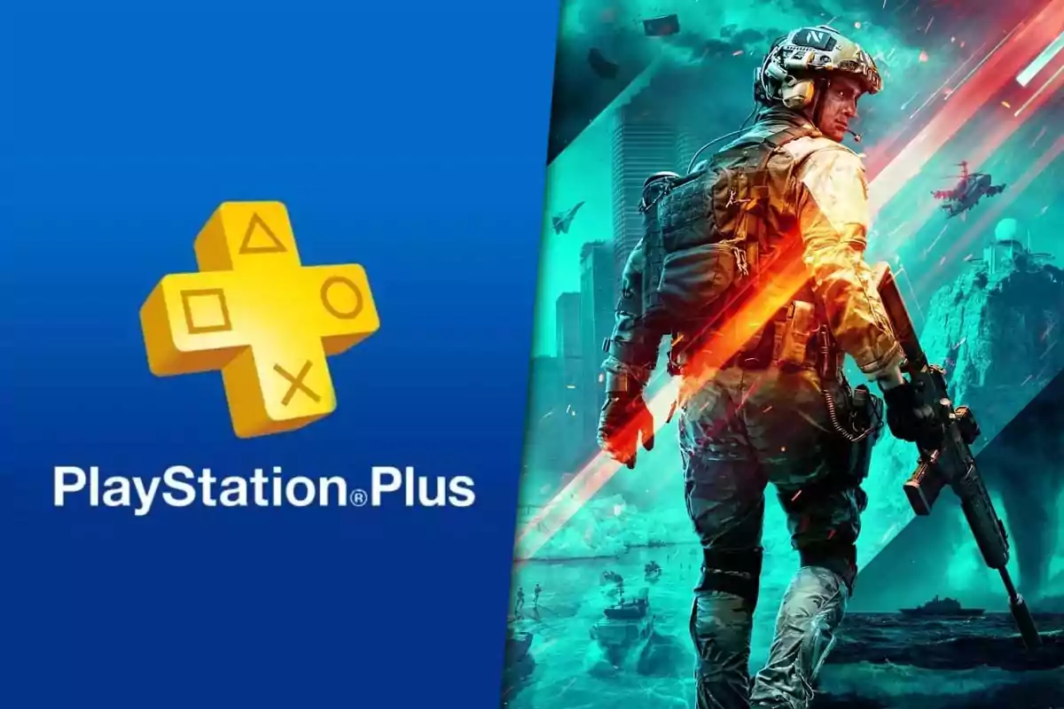 Logo de PlayStation Plus junto a la imagen de un soldado armado en un entorno futurista de batalla