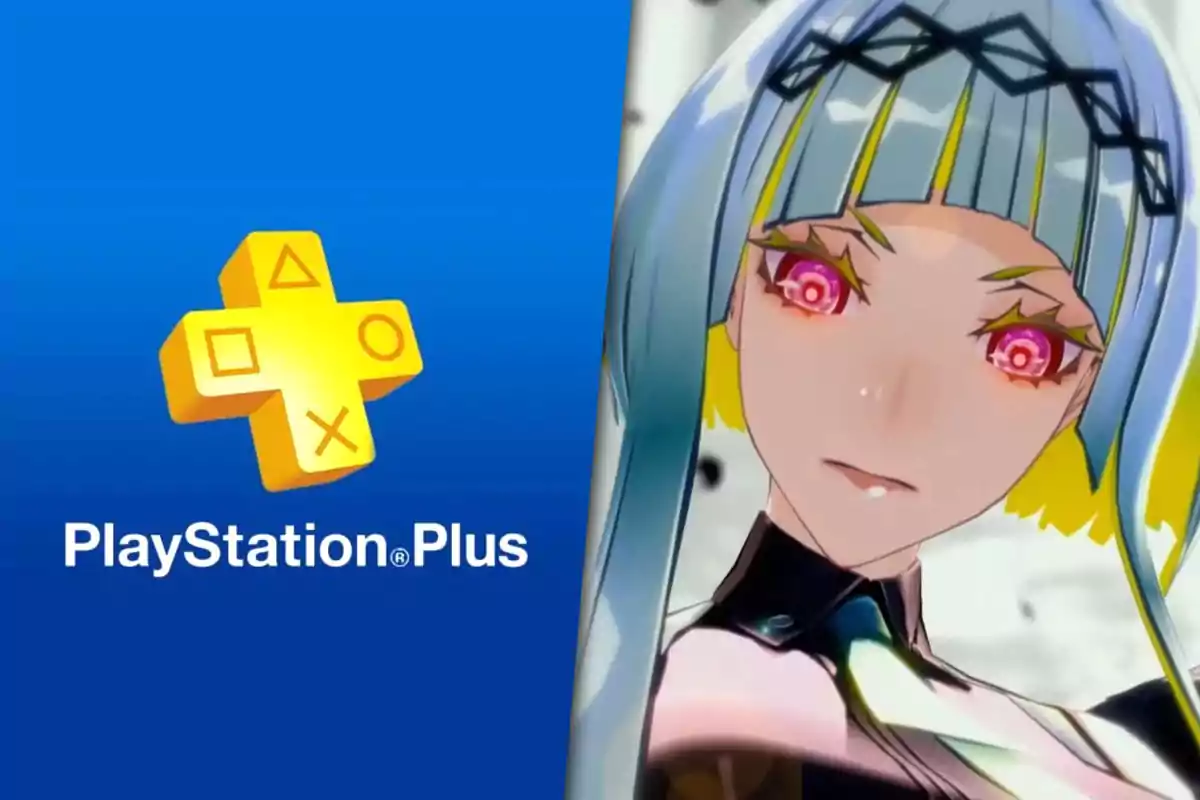 PlayStation Plus logo next to an anime character with blue hair and pink eyes.