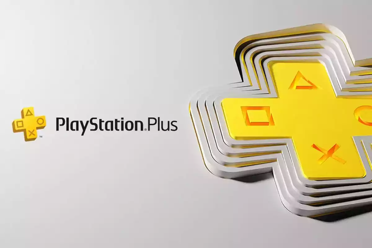 Logo de PlayStation Plus en amarillo con formas geométricas y el texto PlayStation Plus sobre fondo claro Logo de PlayStation Plus en amarillo con formas geométricas y el texto PlayStation Plus sobre fondo claro