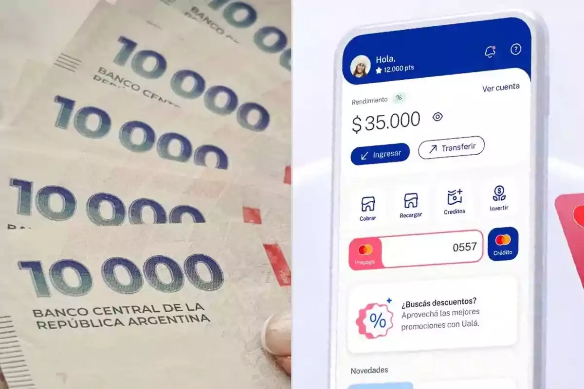 Billetes de 10,000 pesos argentinos en un plazo fijo junto a la pantalla de una aplicación de banca digital mostrando un saldo de 35,000 para invertir en enero 2025.