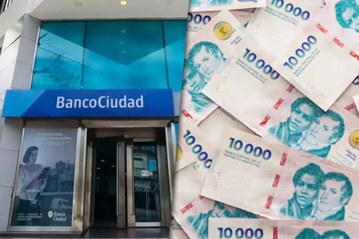 Entrada de una sucursal del Banco Ciudad junto a una pila de billetes de 10000 pesos.