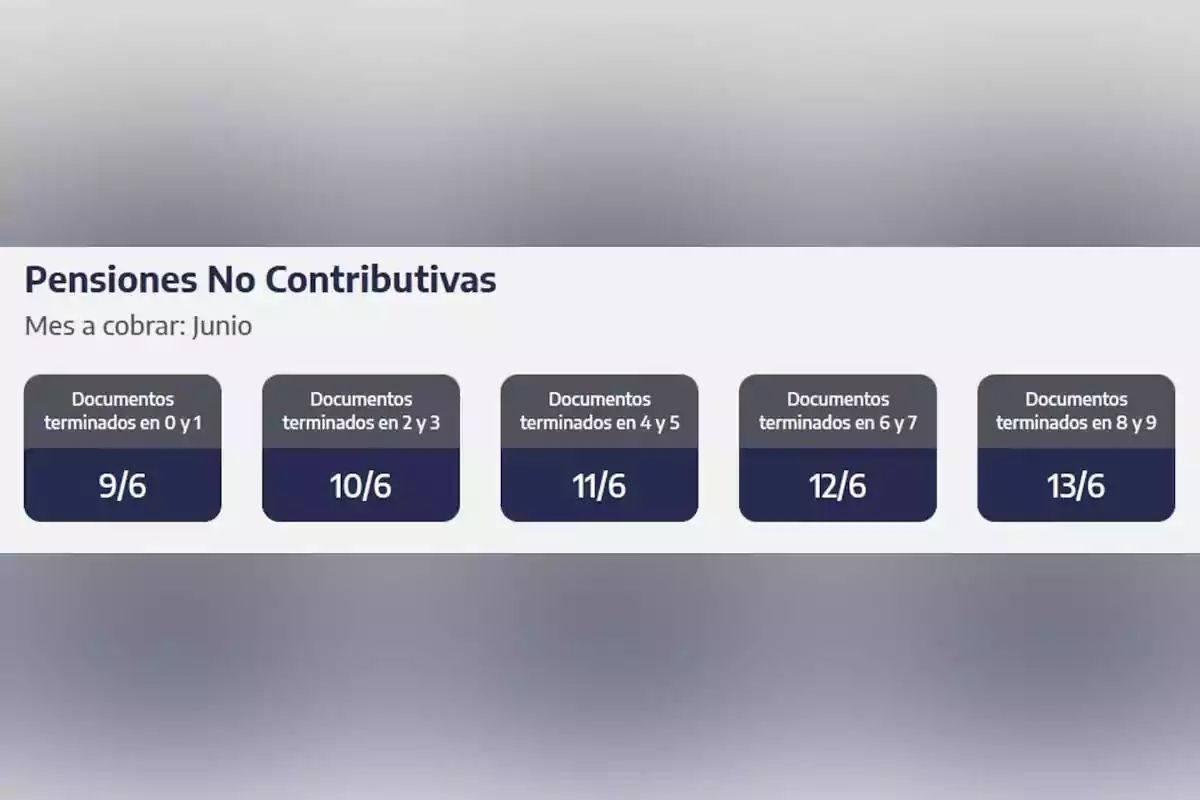 Non-contributory pension payment schedule for June with dates according to the last digit of the document, starting on June 9 for numbers ending in 0 and 1 and ending on June 13 for numbers ending in 8 and 9.