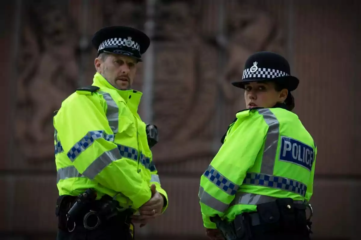 Dos policías con uniformes reflectantes y sombreros de estilo británico están de pie frente a un fondo borroso.