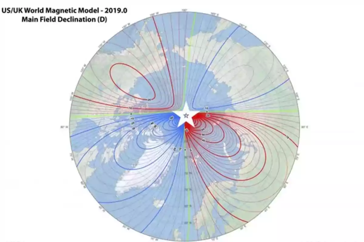 Mapa del modelo magnético mundial 2019 mostrando la declinación del campo magnético principal con líneas de contorno en rojo y azul alrededor del Polo Norte.