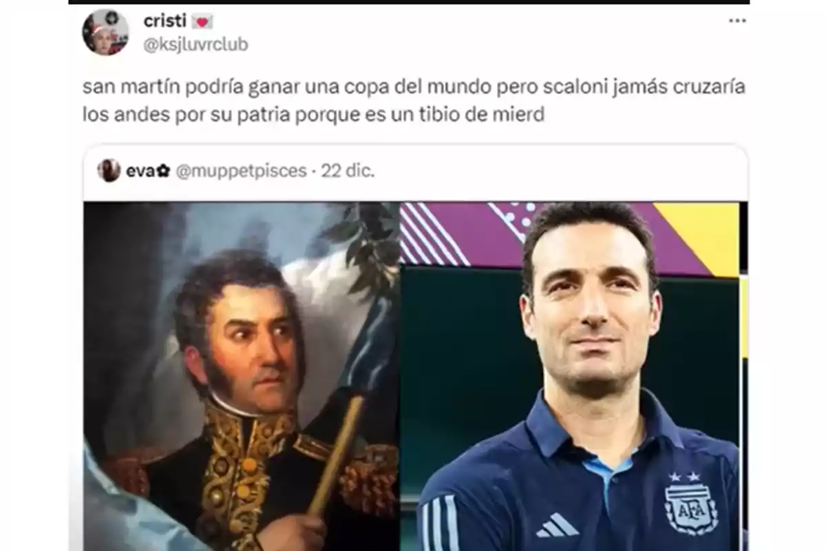 Una comparación humorística entre un retrato de San Martín y una foto de un entrenador de fútbol, con un comentario sobre sus logros.