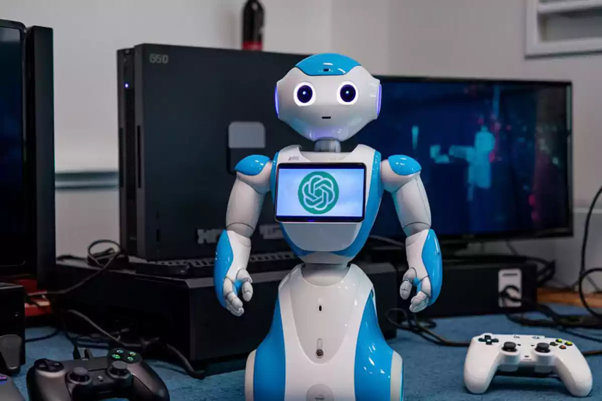 Un robot blanco y azul con una pantalla en el pecho está frente a una consola de videojuegos y dos controles.