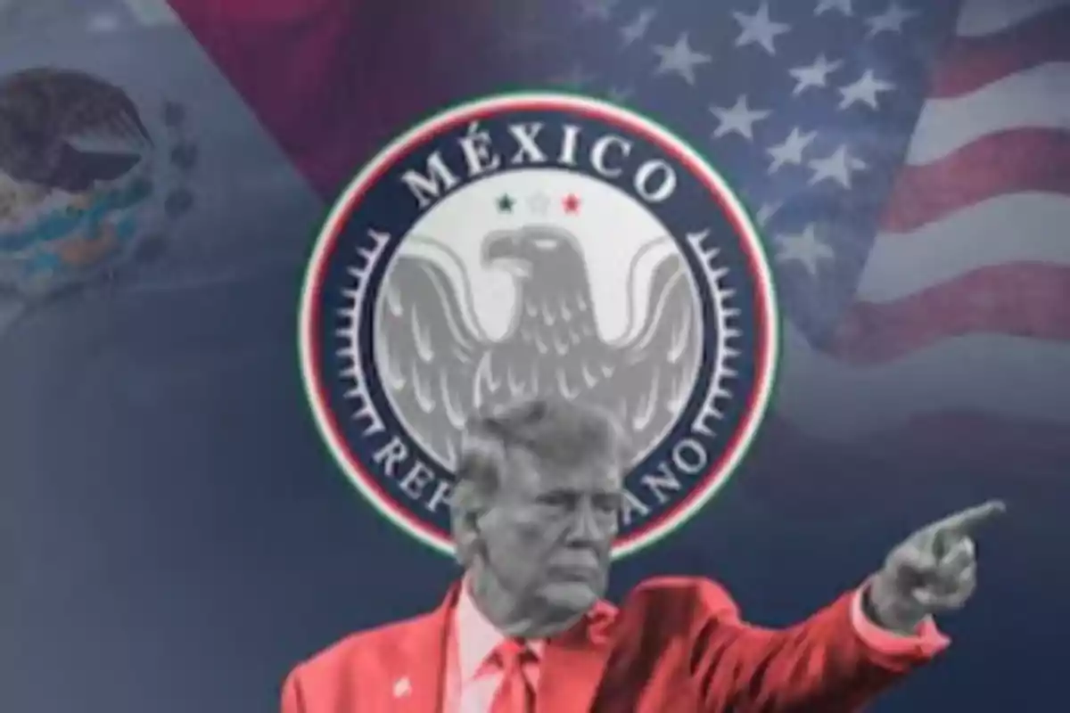 Una persona con traje rojo señala hacia adelante, con un fondo que combina elementos de las banderas de México y Estados Unidos, y un escudo con un águila.