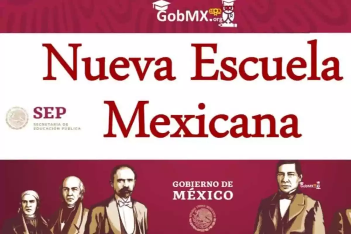 Cartel de la Nueva Escuela Mexicana con logotipos de la SEP y el Gobierno de México, acompañado de ilustraciones de personajes históricos.