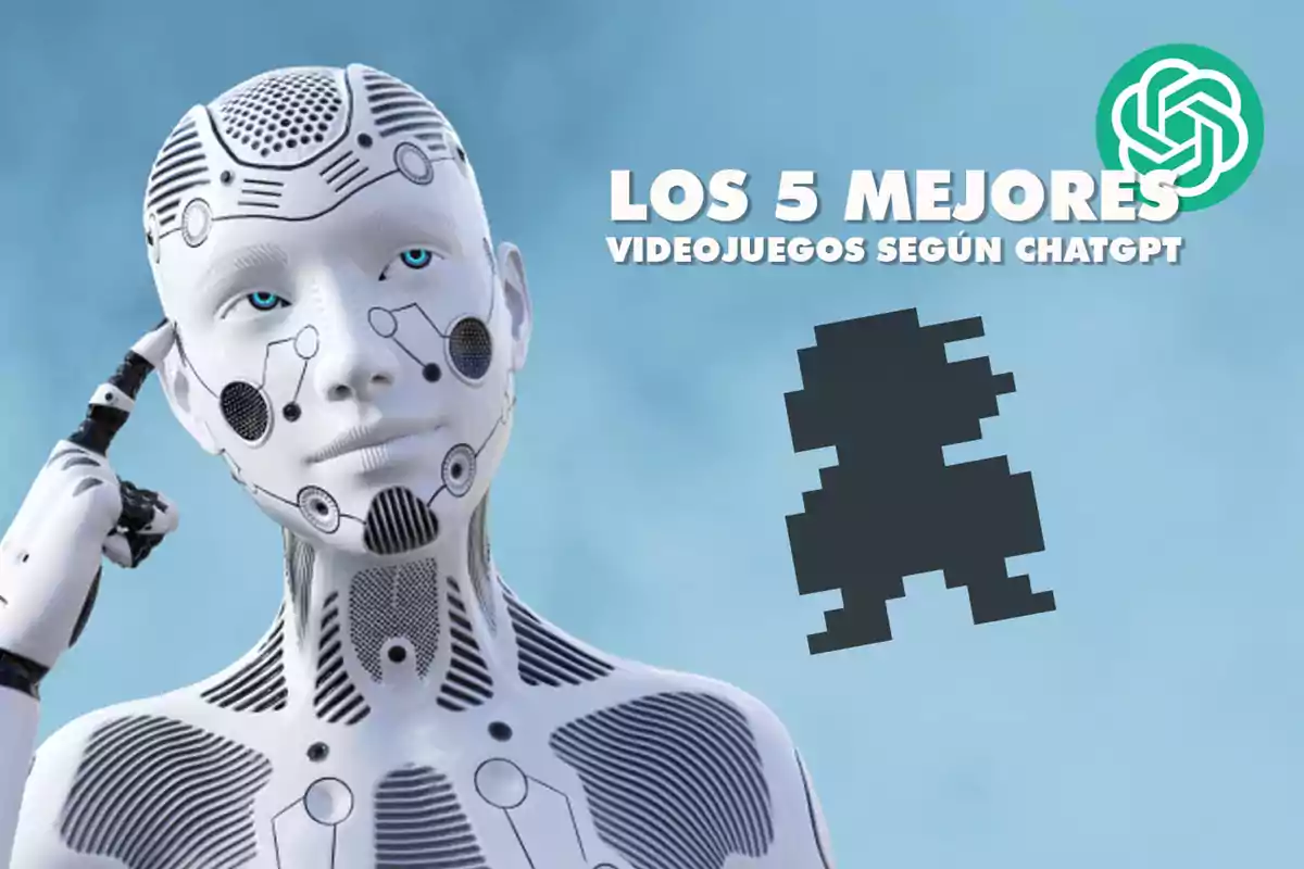 Un robot pensativo junto a un texto que dice "Los 5 mejores videojuegos según ChatGPT" con un ícono pixelado de un personaje de videojuego.